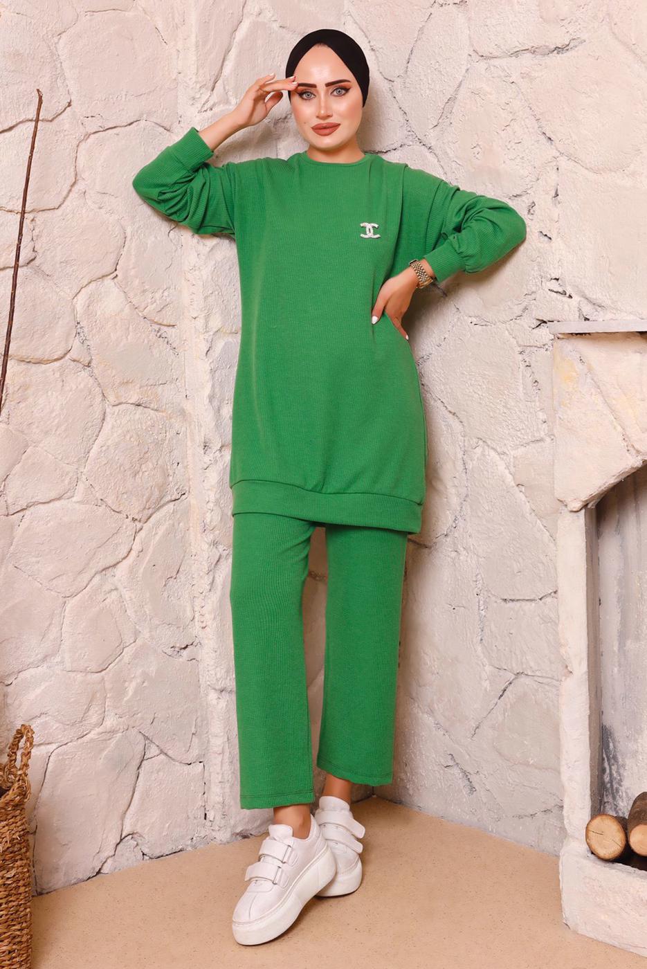 Tesettür giyim YEŞİL BASIC İKİLİ PANTOLON TAKIMI 9972 