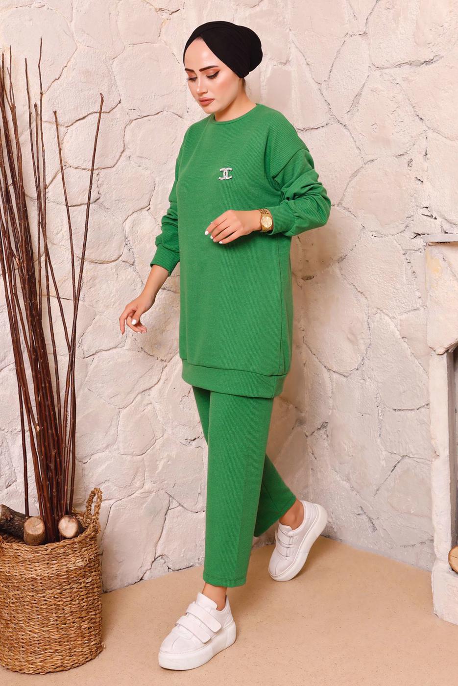 Tesettür giyim YEŞİL BASIC İKİLİ PANTOLON TAKIMI 9972 