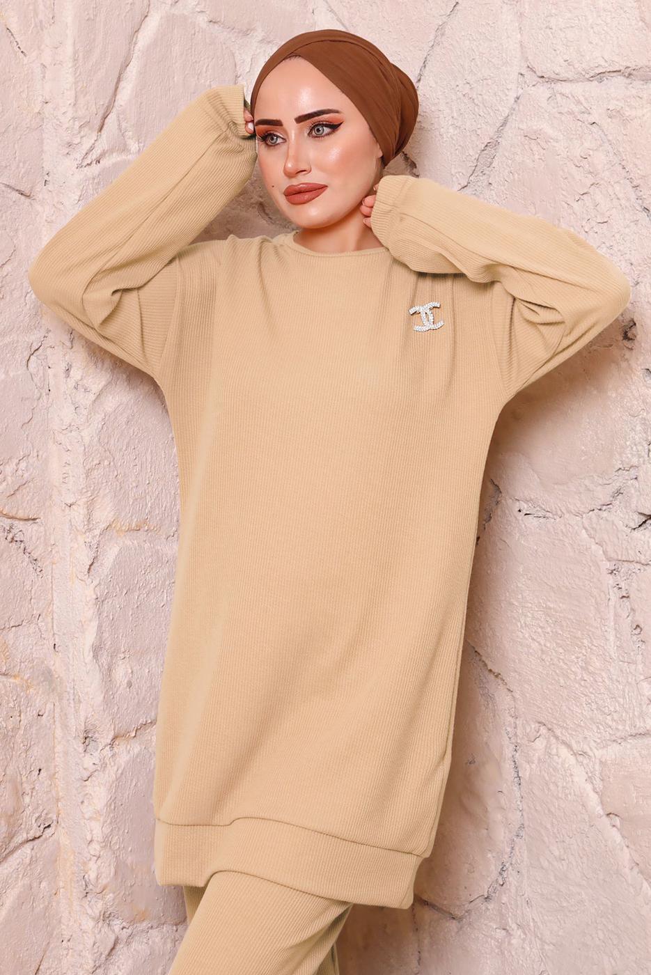 Tesettür giyim BEJ BASIC İKİLİ PANTOLON TAKIMI 9972 