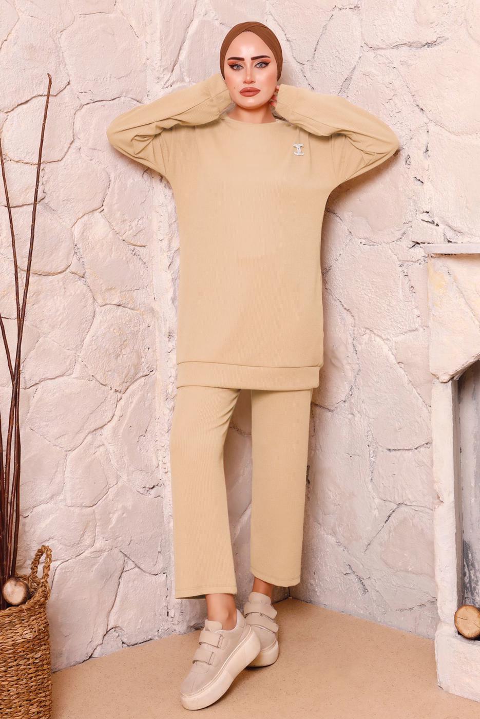 Tesettür giyim BEJ BASIC İKİLİ PANTOLON TAKIMI 9972 