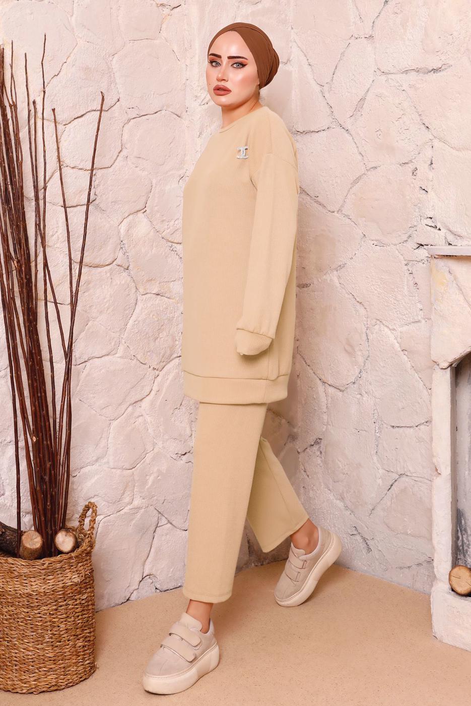 Tesettür giyim BEJ BASIC İKİLİ PANTOLON TAKIMI 9972 