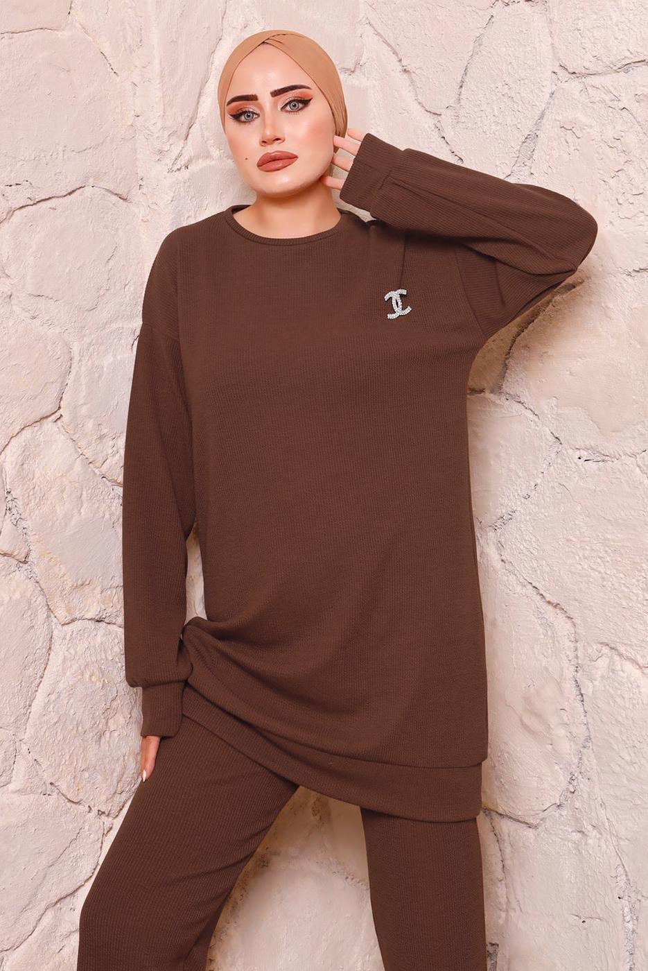 Tesettür giyim KAHVE BASIC İKİLİ PANTOLON TAKIMI 9972 