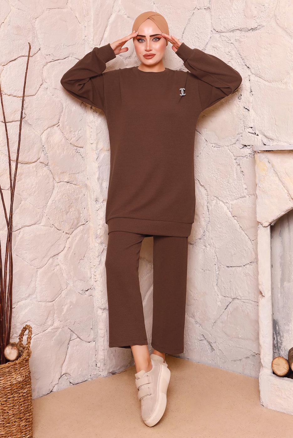 Tesettür giyim KAHVE BASIC İKİLİ PANTOLON TAKIMI 9972 
