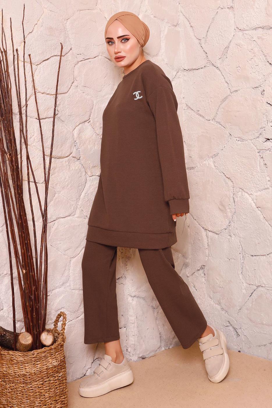 Tesettür giyim KAHVE BASIC İKİLİ PANTOLON TAKIMI 9972 