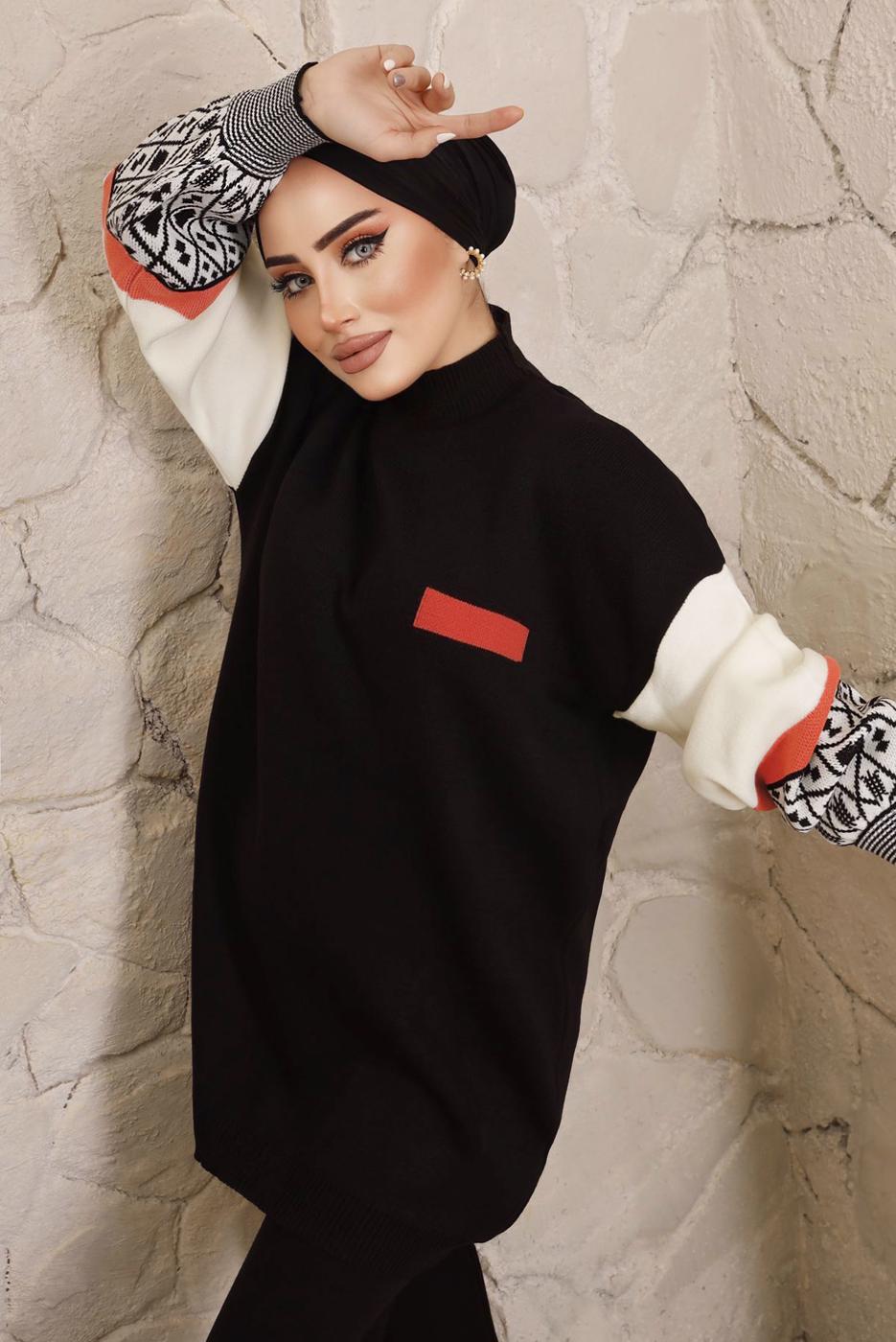 Tesettür giyim SİYAH KOLLARI DESENLİ TRİKO PANTOLONLU TAKIM 9992	