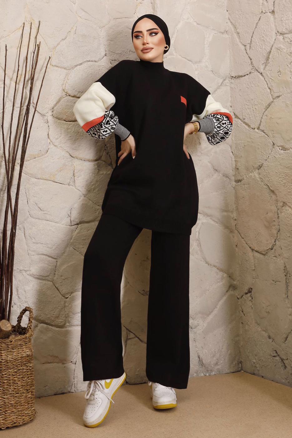 Tesettür giyim SİYAH KOLLARI DESENLİ TRİKO PANTOLONLU TAKIM 9992	