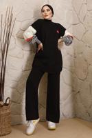 Tesettür giyim SİYAH KOLLARI DESENLİ TRİKO PANTOLONLU TAKIM 9992	