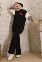 Tesettür giyim SİYAH KOLLARI DESENLİ TRİKO PANTOLONLU TAKIM 9992	