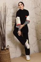 Tesettür giyim SİYAH KOLLARI DESENLİ TRİKO PANTOLONLU TAKIM 9992	