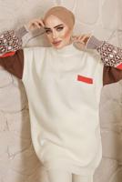 Tesettür giyim EKRU KOLLARI DESENLİ TRİKO PANTOLONLU TAKIM 9992	