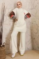 Tesettür giyim EKRU KOLLARI DESENLİ TRİKO PANTOLONLU TAKIM 9992	