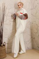 Tesettür giyim EKRU KOLLARI DESENLİ TRİKO PANTOLONLU TAKIM 9992	