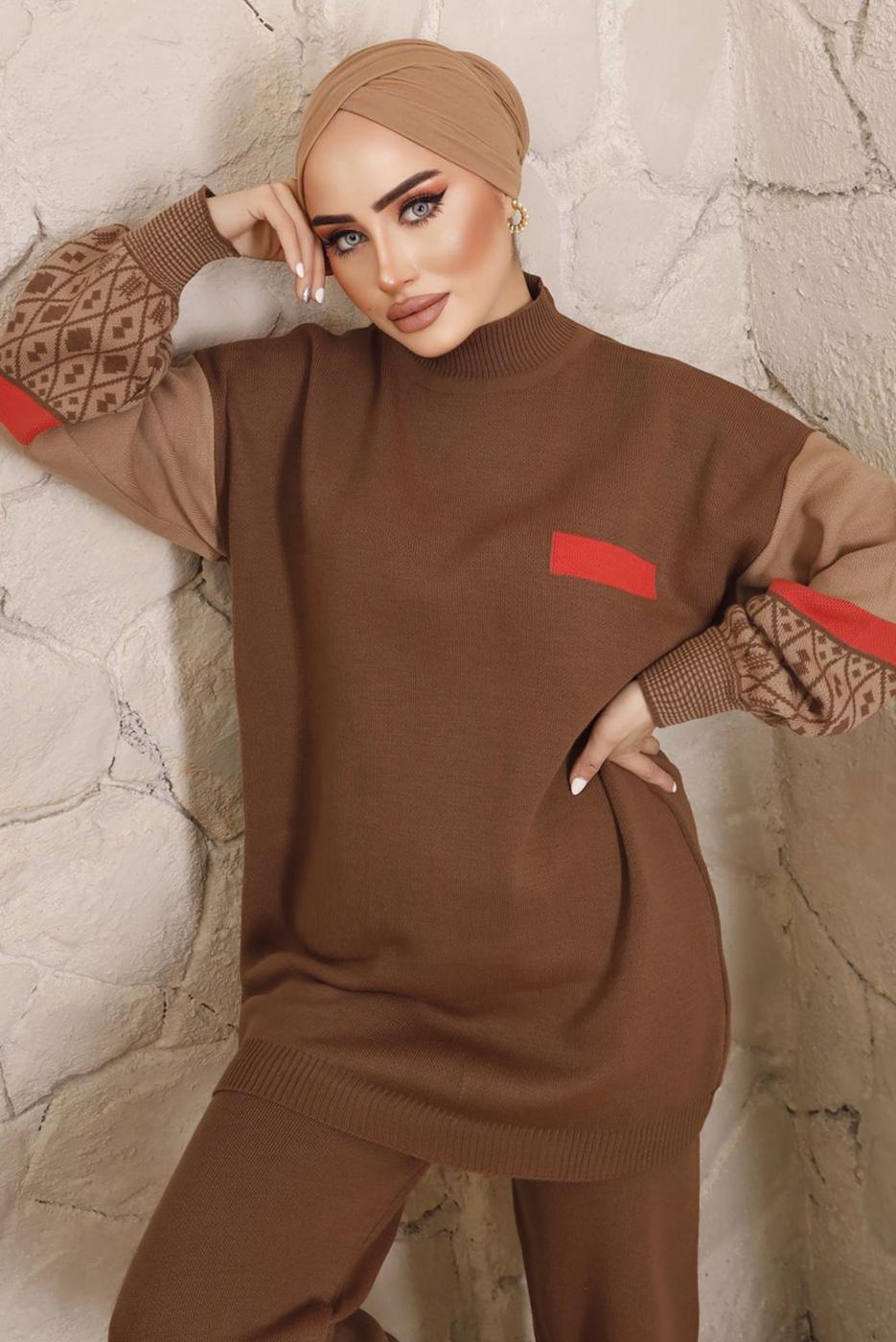 Tesettür giyim KAHVE KOLLARI DESENLİ TRİKO PANTOLONLU TAKIM 9992	