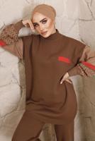 Tesettür giyim KAHVE KOLLARI DESENLİ TRİKO PANTOLONLU TAKIM 9992	