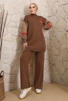 Tesettür giyim KAHVE KOLLARI DESENLİ TRİKO PANTOLONLU TAKIM 9992	