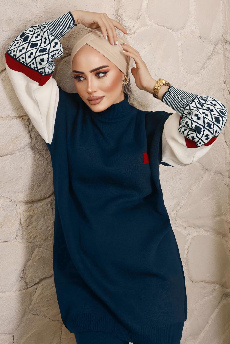 Tesettür giyim LACİVERT KOLLARI DESENLİ TRİKO PANTOLONLU TAKIM 9992	