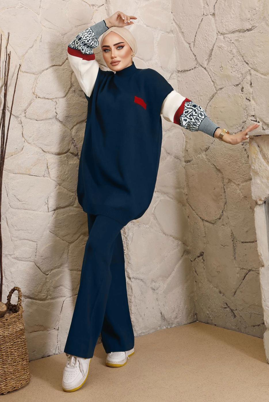 Tesettür giyim LACİVERT KOLLARI DESENLİ TRİKO PANTOLONLU TAKIM 9992	