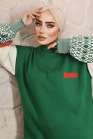 Tesettür giyim YEŞİL KOLLARI DESENLİ TRİKO PANTOLONLU TAKIM 9992	