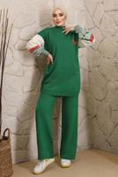 Tesettür giyim YEŞİL KOLLARI DESENLİ TRİKO PANTOLONLU TAKIM 9992	