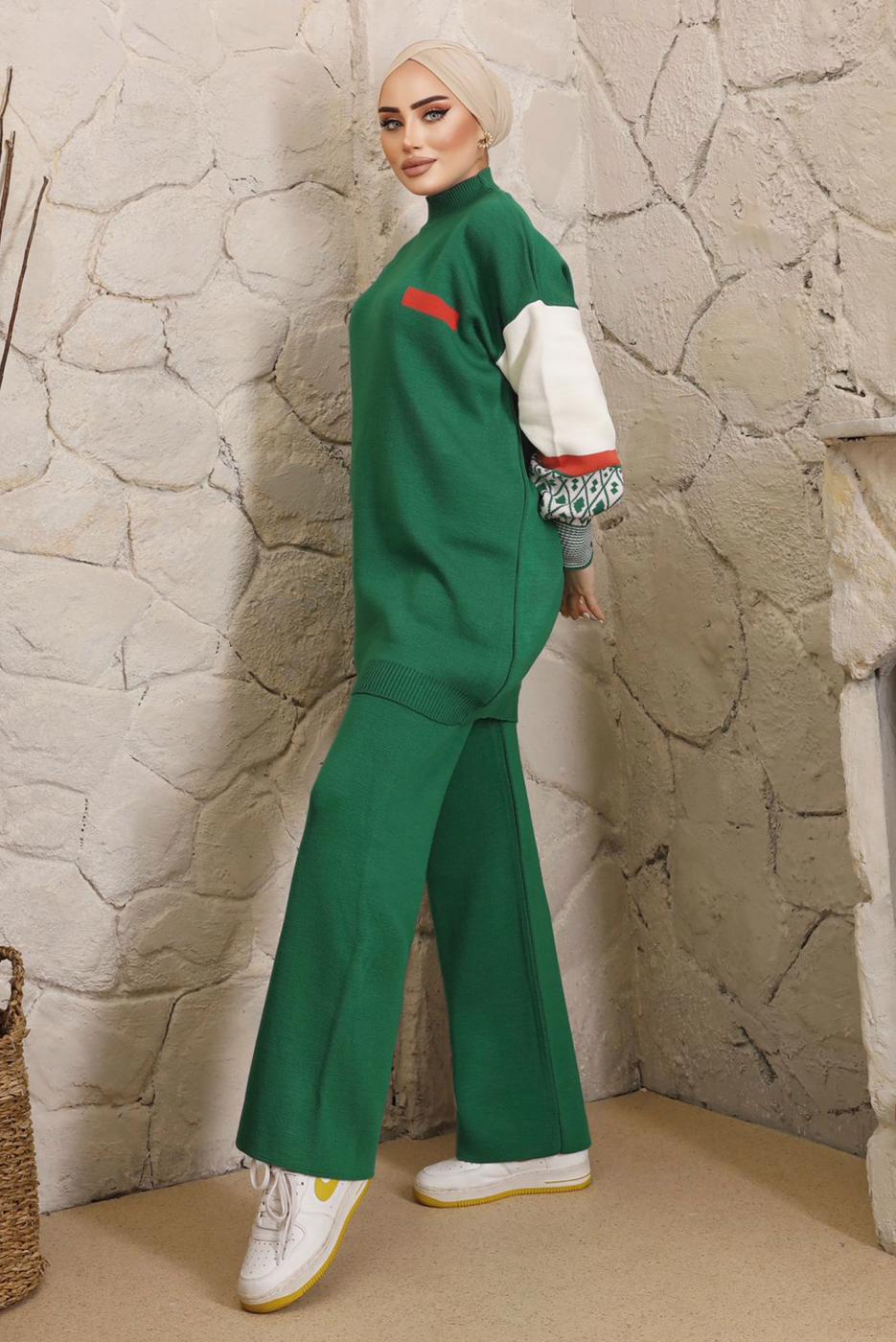 Tesettür giyim YEŞİL KOLLARI DESENLİ TRİKO PANTOLONLU TAKIM 9992	