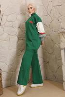 Tesettür giyim YEŞİL KOLLARI DESENLİ TRİKO PANTOLONLU TAKIM 9992	