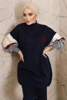 Tesettür giyim LACİVERT KOLLARI DESENLİ TRİKO PANTOLONLU TAKIM 9992	