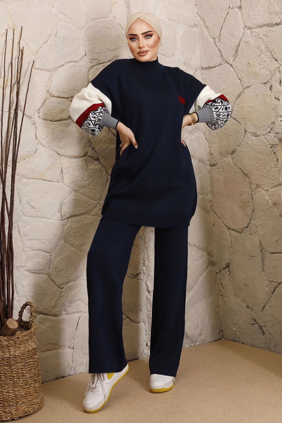 Tesettür giyim LACİVERT KOLLARI DESENLİ TRİKO PANTOLONLU TAKIM 9992	