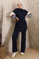 Tesettür giyim LACİVERT KOLLARI DESENLİ TRİKO PANTOLONLU TAKIM 9992	