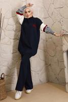 Tesettür giyim LACİVERT KOLLARI DESENLİ TRİKO PANTOLONLU TAKIM 9992	