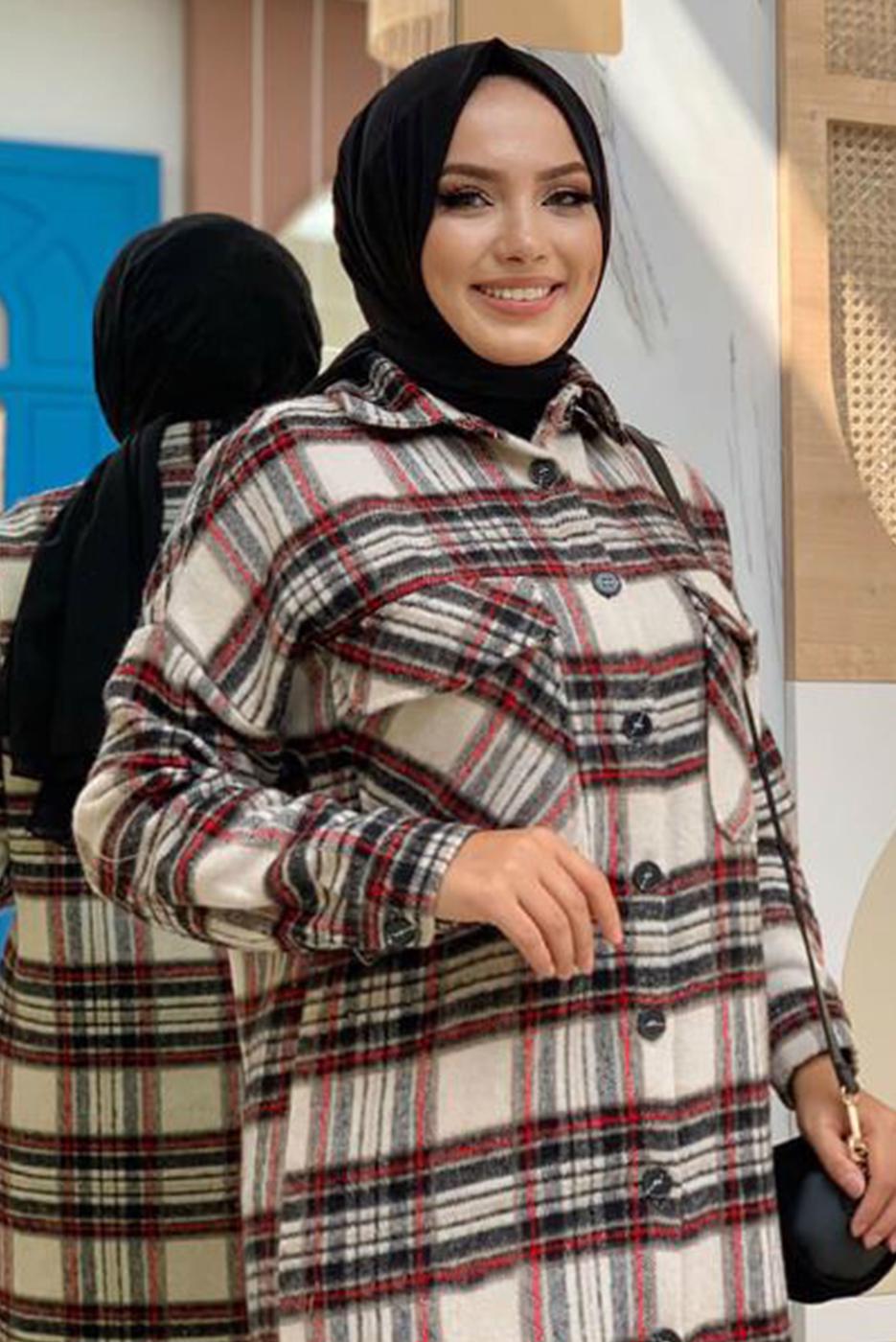 Tesettür giyim BORDO DÜĞMELİ EKOSE KAŞE TUNİK T 0267