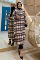 Tesettür giyim BORDO DÜĞMELİ EKOSE KAŞE TUNİK T 0267