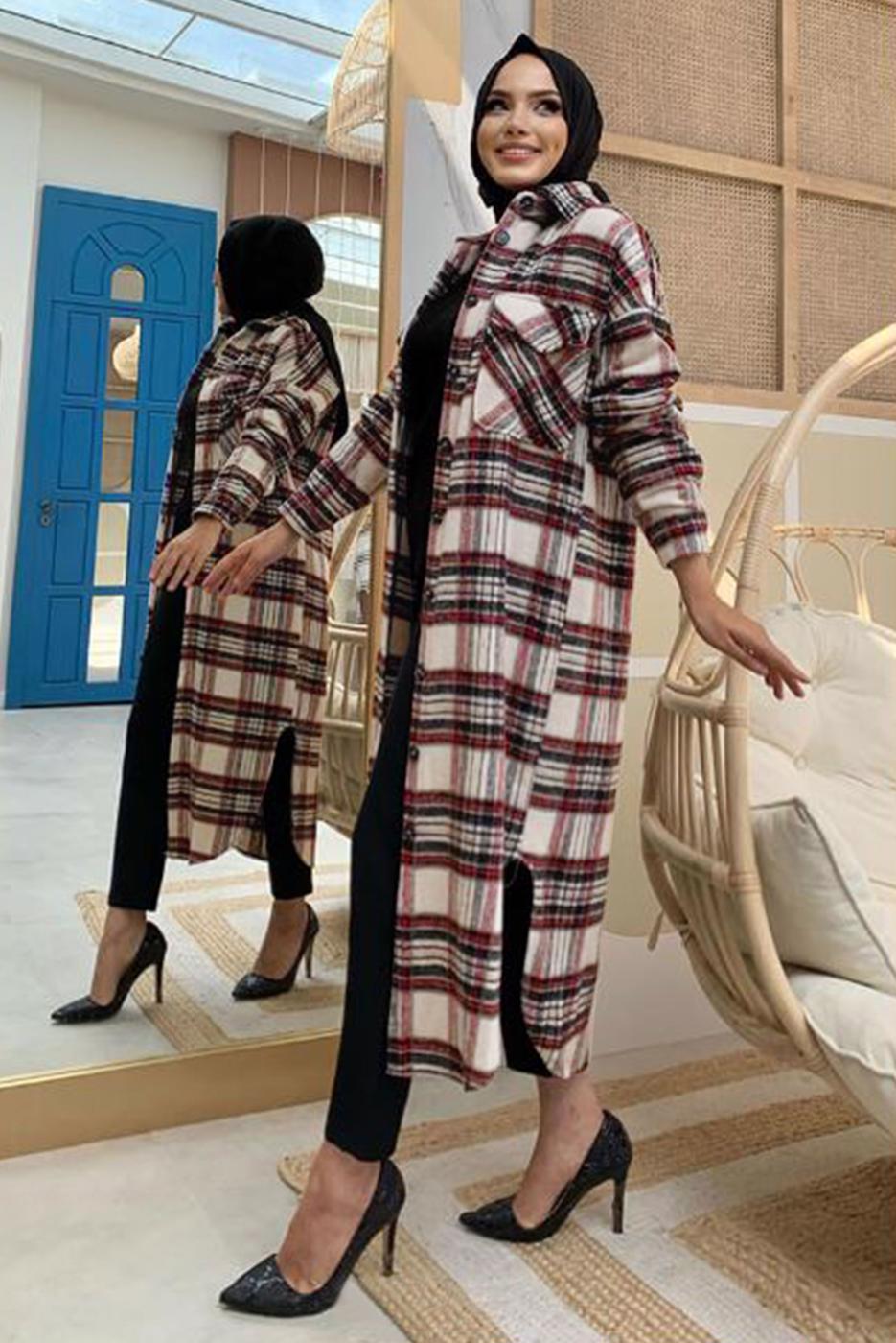 Tesettür giyim BORDO DÜĞMELİ EKOSE KAŞE TUNİK T 0267