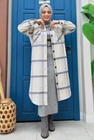 Tesettür giyim EKRU DÜĞMELİ EKOSE KAŞE TUNİK T 0267