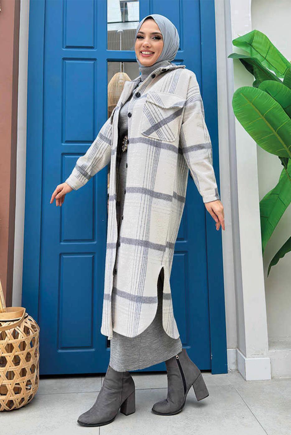Tesettür giyim EKRU DÜĞMELİ EKOSE KAŞE TUNİK T 0267