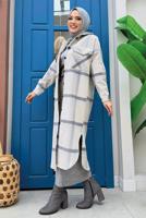 Tesettür giyim EKRU DÜĞMELİ EKOSE KAŞE TUNİK T 0267