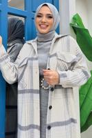 Tesettür giyim EKRU DÜĞMELİ EKOSE KAŞE TUNİK T 0267