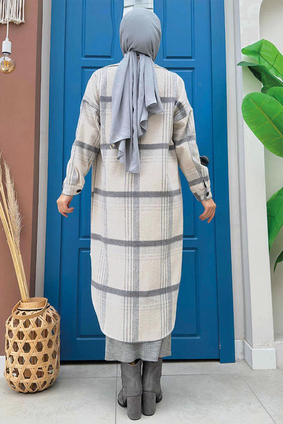 Tesettür giyim EKRU DÜĞMELİ EKOSE KAŞE TUNİK T 0267