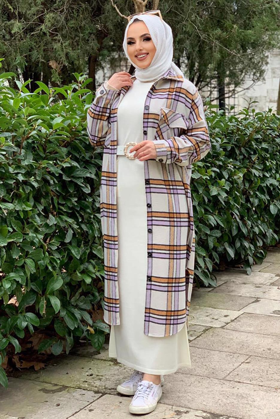 Tesettür giyim KAHVE DÜĞMELİ EKOSE KAŞE TUNİK T 0267