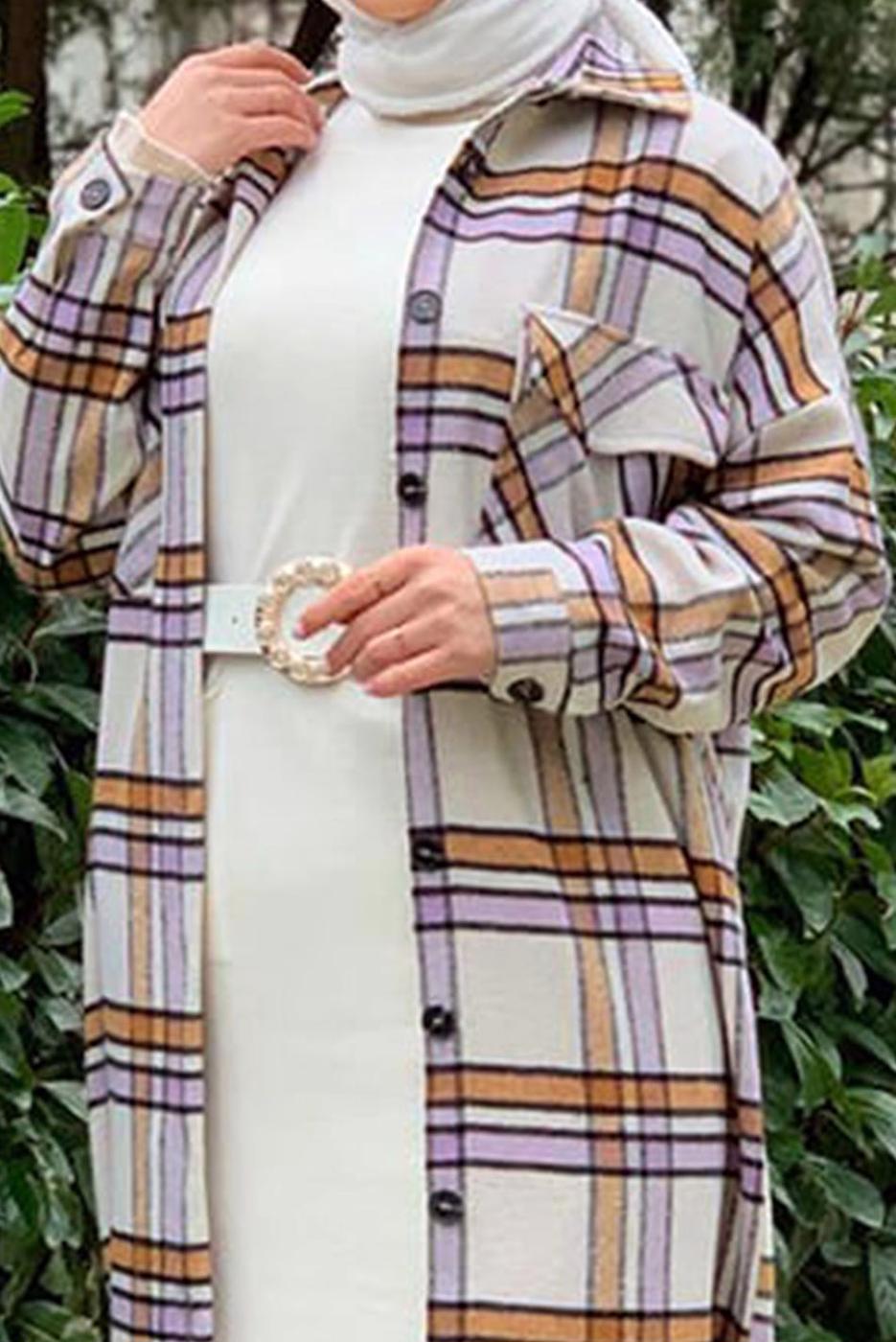 Tesettür giyim KAHVE DÜĞMELİ EKOSE KAŞE TUNİK T 0267