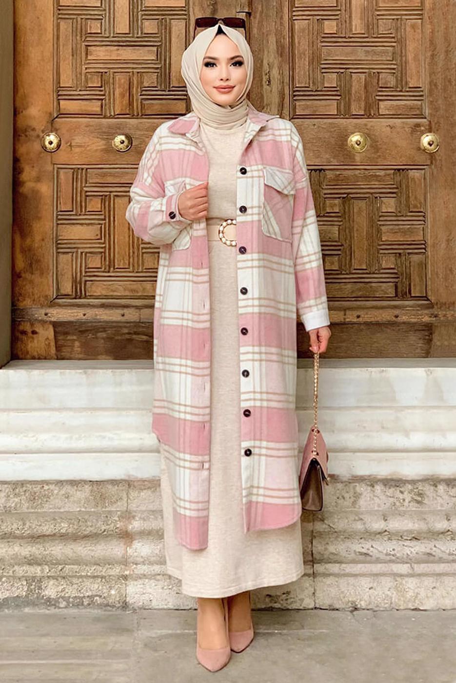Tesettür giyim PUDRA DÜĞMELİ EKOSE KAŞE TUNİK T 0267