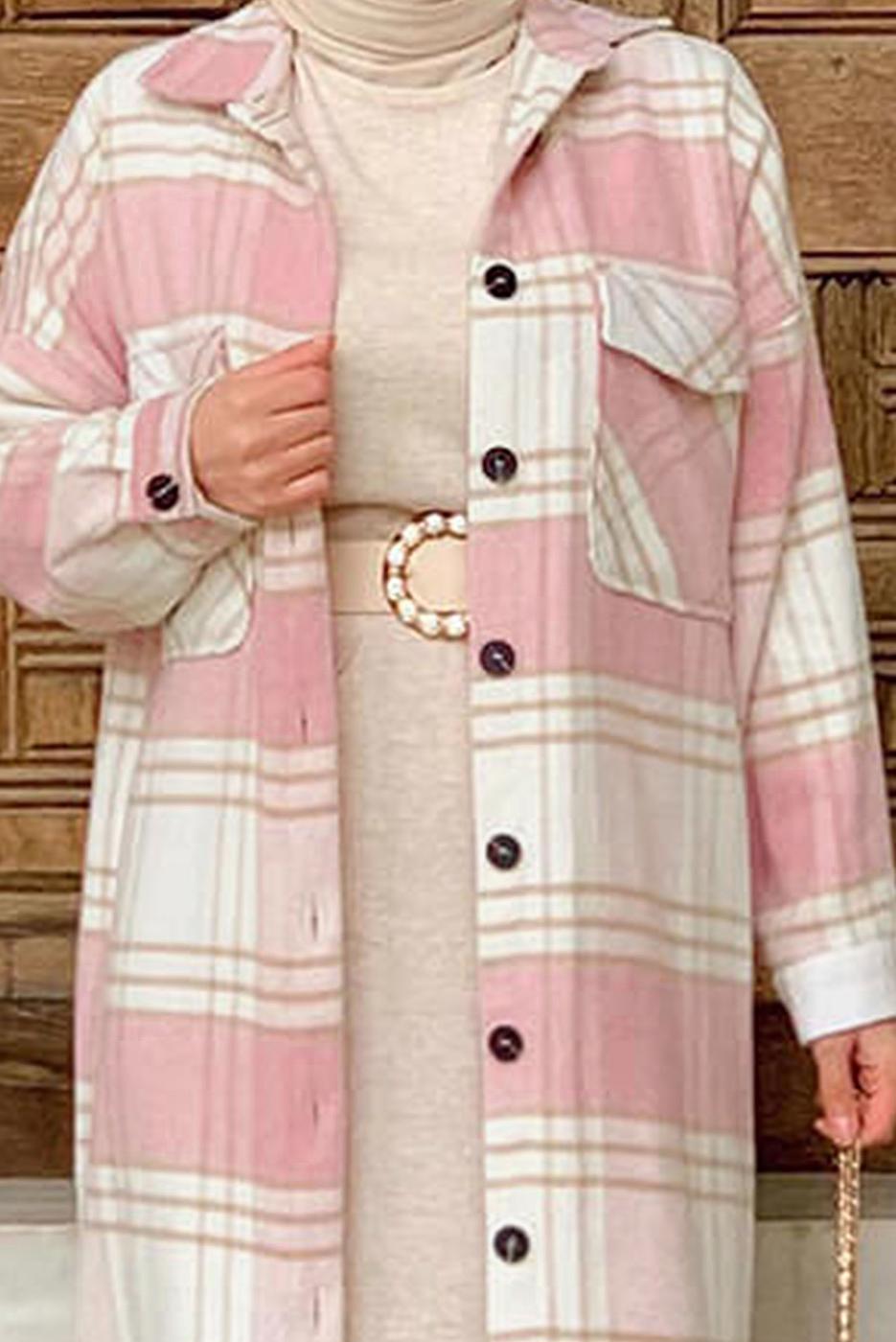 Tesettür giyim PUDRA DÜĞMELİ EKOSE KAŞE TUNİK T 0267