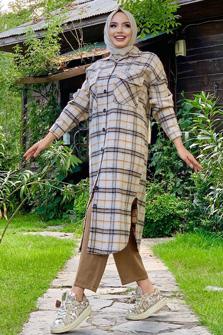Tesettür giyim TABA DÜĞMELİ EKOSE KAŞE TUNİK T 0267