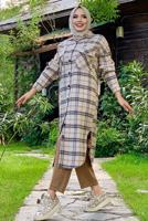 Tesettür giyim TABA DÜĞMELİ EKOSE KAŞE TUNİK T 0267