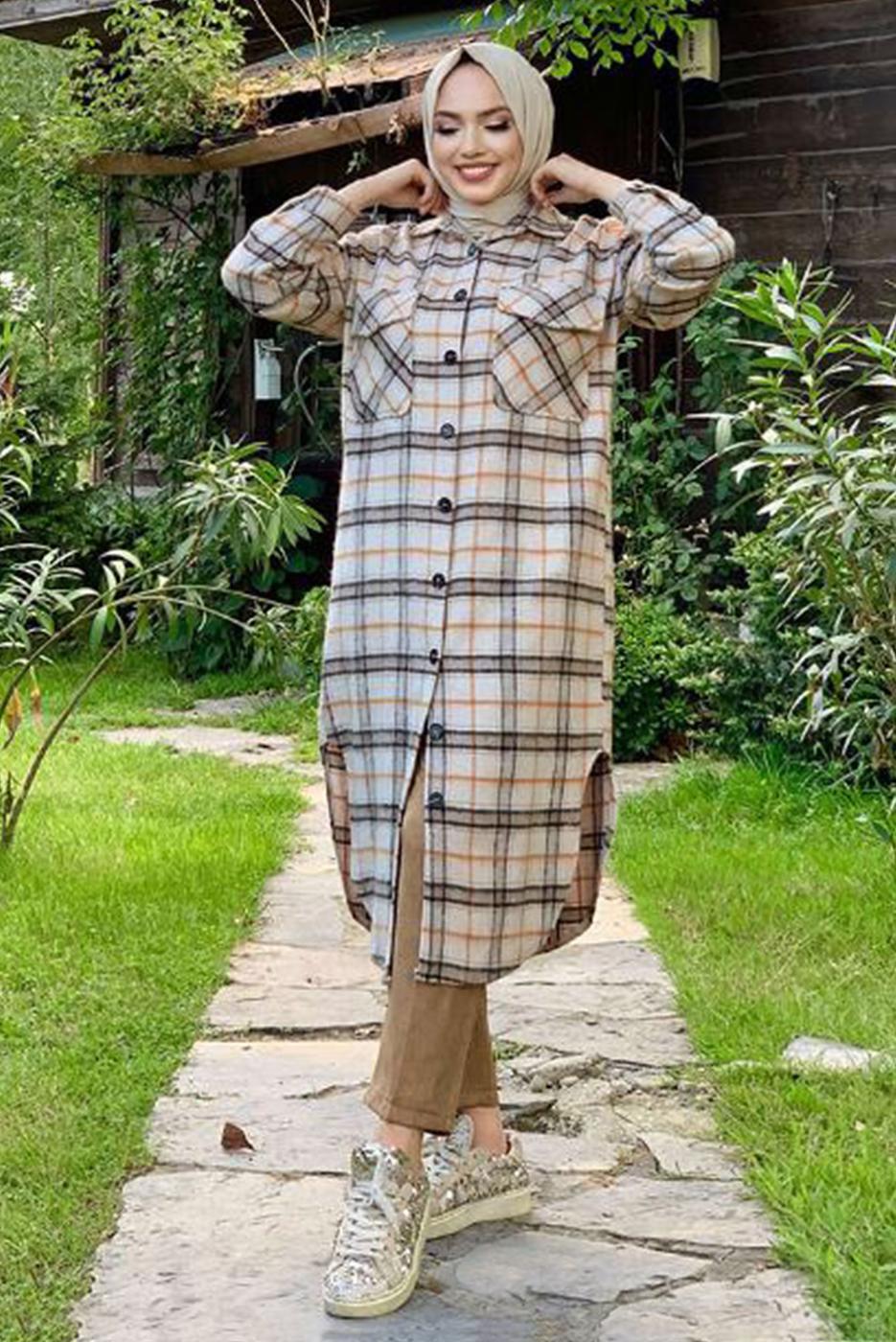 Tesettür giyim TABA DÜĞMELİ EKOSE KAŞE TUNİK T 0267