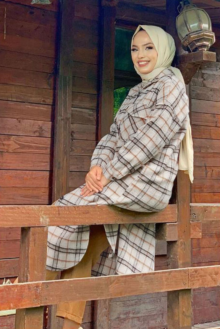 Tesettür giyim TABA DÜĞMELİ EKOSE KAŞE TUNİK T 0267