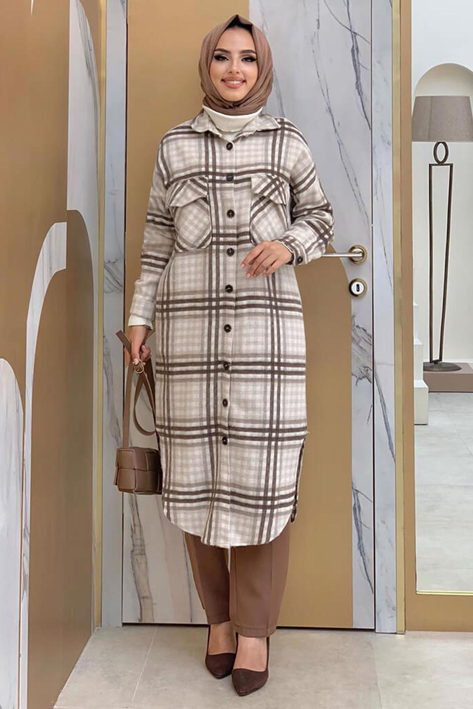 Tesettür giyim BEJ DÜĞMELİ EKOSE KAŞE TUNİK T 0267