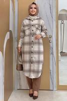 Tesettür giyim BEJ DÜĞMELİ EKOSE KAŞE TUNİK T 0267