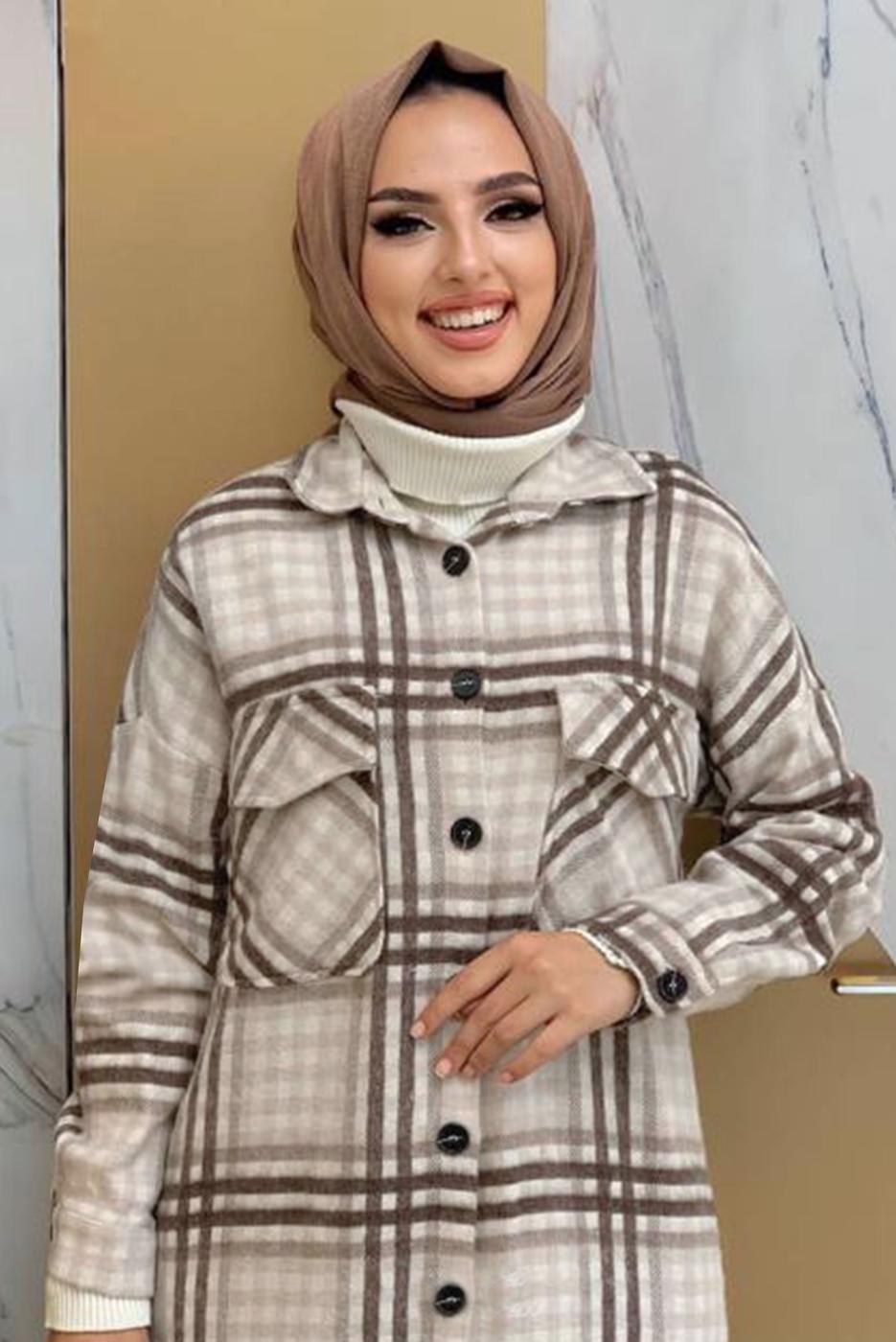 Tesettür giyim BEJ DÜĞMELİ EKOSE KAŞE TUNİK T 0267