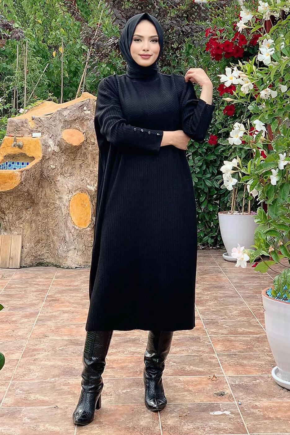 Tesettür giyim SİYAH FİTİLLİ TRİKO TUNİK 0434