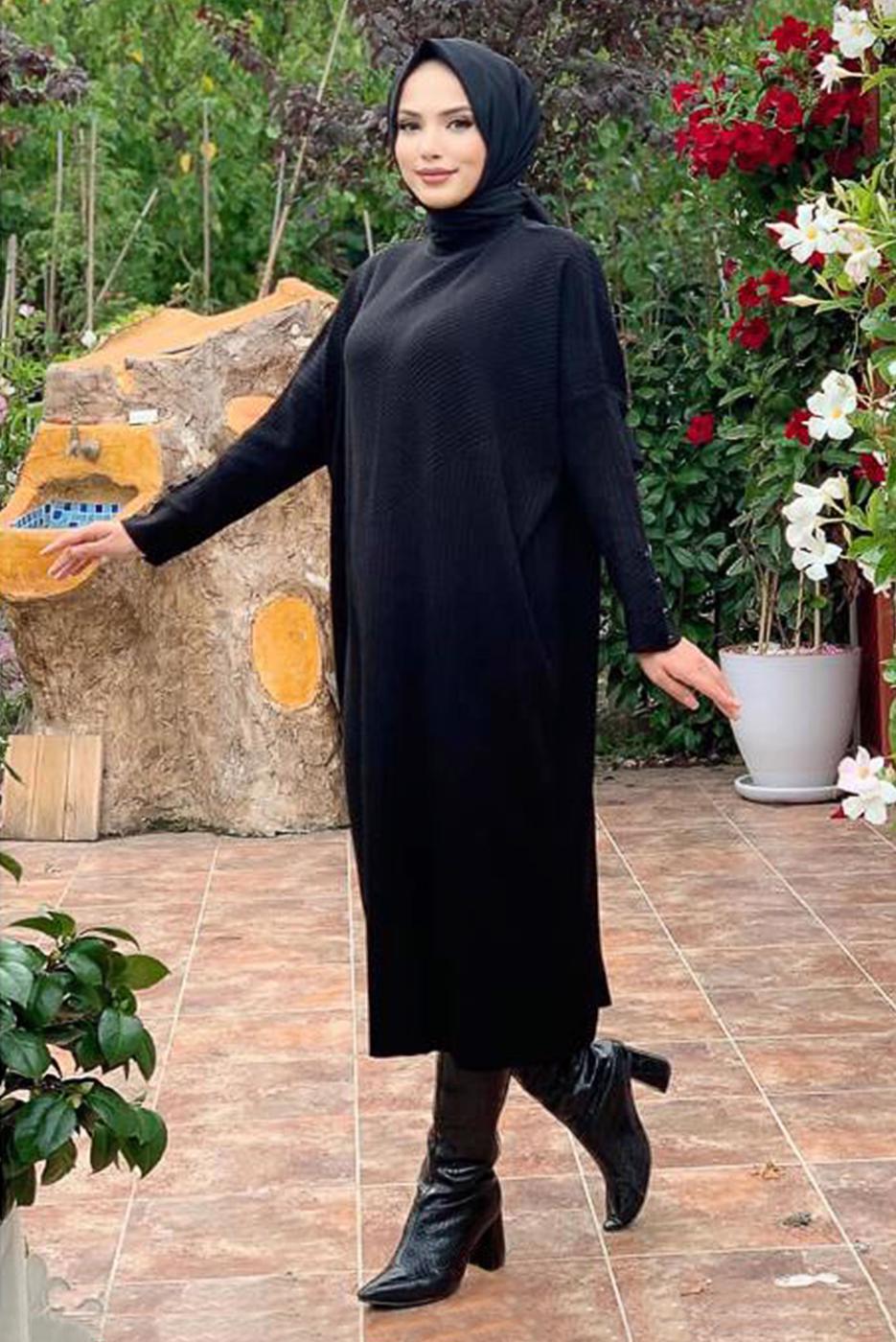 Tesettür giyim SİYAH FİTİLLİ TRİKO TUNİK 0434